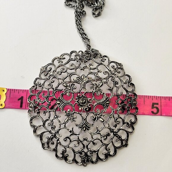 Vintage Antique Silver Statement Pendant Filigree Round Pendany - Picture 6 of 12